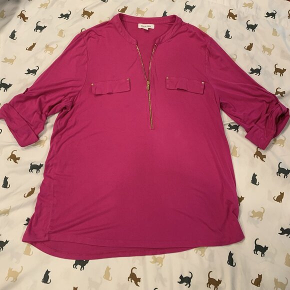 Calvin Klein Half-Zip, Roll Tab 3/4 Sleeve Top - Picture 2 of 5